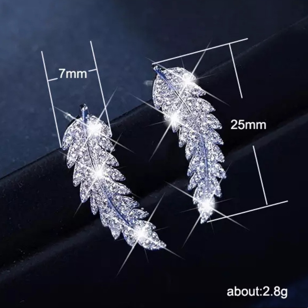 New Silver Leaf Stud Zircon Earrings - Picture 5 of 5